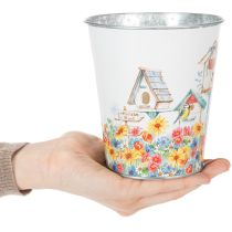 kohteita Metallinen ruukku aiheella, istutuslaatikko linnunpöntöillä, peltiämpäri K13cm Ø11.5cm