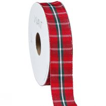 kohteita Maalaismainen ruudullinen punainen nauha juhlakoristeisiin, leveys 25 mm, pituus 15 m