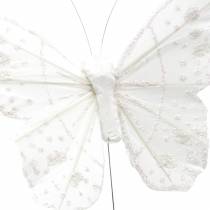 Sulka perhonen langalla valkoinen kimalluksella 10cm 12kpl