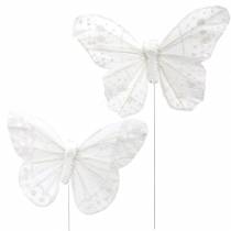 Sulka perhonen langalla valkoinen kimalluksella 10cm 12kpl