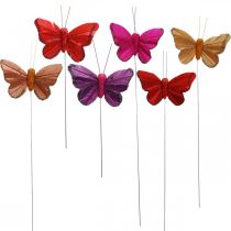 Kevät, höyhenperhoset kiillellä, deco perhonen punainen, oranssi, pinkki, violetti 4×6,5cm 24kpl
