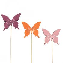Perhonen puinen kukkatulppa värillinen 9cm/29cm 12kpl
