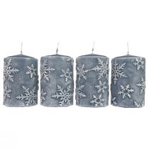 Pilarikynttilät siniset kynttilät lumihiutaleet 100/65mm 4kpl