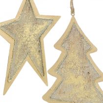 kohteita Metalliriipus kuusi ja tähti, joulukuusenkoriste, joulukoriste Kultainen, antiikkilook H15,5/17cm 4kpl.