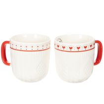 kohteita Kahvikuppi punaisella kahvalla, neulottu kuvio ja sydänkoristeet, keraaminen, 9 cm, 2 kpl