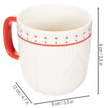 kohteita Kahvikuppi punaisella kahvalla, neulottu kuvio ja sydänkoristeet, keraaminen, 9 cm, 2 kpl