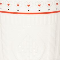 kohteita Kahvikuppi punaisella kahvalla, neulottu kuvio ja sydänkoristeet, keraaminen, 9 cm, 2 kpl