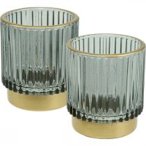 Lyhtylasinen ribbine kynttilänjalka kulta/harmaa K8cm 2kpl
