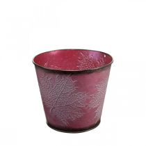Kasvi ruukku lehtien koristeella, syksyn koriste, Metalli kasvipannu viininpunainen Ø16,5cm H14,5cm