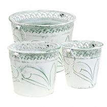 Peltikauha kohokuvioidulla, istutuskone kahvoilla valkoinen, vihreä shabby chic H22/19,5/17,5 cm Ø25,5/20,5/15,5 cm 3 kpl sarja