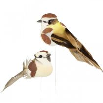 Kevätkoristeet, linnut langalla, tekolintu ruskea, valkoinen H3cm 12kpl