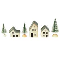 kohteita Joulukylän puiset talot, kuusia, vihreät ja valkoiset, 5-8 cm, 6 kpl:n setti