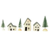 kohteita Joulukylän puiset talot, kuusia, vihreät ja valkoiset, 5-8 cm, 6 kpl:n setti