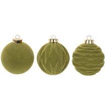 kohteita Joulukuusenpallo, samettikuvio, vihreä, teksturoitu sekoitus, 8 cm, 12 kpl, nukkakuvioinen joulukuusenpallo, sammaleenvihreä, muovipallot, sammaleenvihreät nukkakuvioiset, puuvillanyöri sisältyy jokaiseen palloon