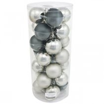 kohteita Joulupallo, joulukuusen riipus, puukoristeet musta/hopea/helmiäinen H6,5cm Ø6cm aitoa lasia 24 kpl