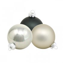 Joulupallo, joulukuusen riipus, puukoriste musta/hopea/helmi H6,5cm Ø6cm aitoa lasia 24kpl.