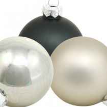 Joulupallo, joulukuusen riipus, puukoriste musta/hopea/helmi H6,5cm Ø6cm aitoa lasia 24kpl.
