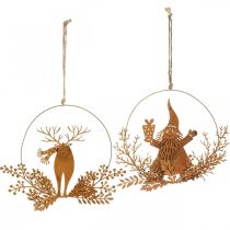 kohteita Koristesormus jouluksi, poro sormuksessa, joulupukki lahjalla, metallikoriste patina Ø18cm 2 kpl setti