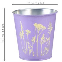 kohteita Metallinen kukkaruukku, istutusastia, violetit kukat, Ø10cm, korkeus 10.5cm