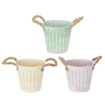 kohteita Koristeellinen ruukku, metallinen ämpäri istutusta varten, istutuslaatikko kahvoilla, pinkki/vihreä/keltainen shabby chic Ø15cm K13cm 3-osainen setti
