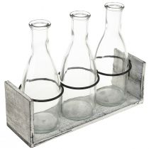 kohteita Maalaismainen pullosarja puukannattimessa - 3 lasipulloa, harmaa-valkoinen, 24x8x20 cm - Monipuolinen koristeluun
