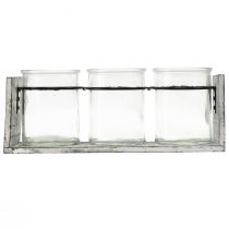 kohteita Maalaismainen lasiastiasetti harmaassa ja valkoisessa puisessa telineessä - 27,5x9x11 cm - Monipuolinen säilytys- ja koristeratkaisu