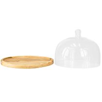 kohteita Lasikupu, jossa puinen lautaskoristejuustokupu Ø22cm K16,5cm