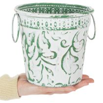 kohteita Metalliset ruukut kahvoilla, istutusastiat kohokuvioinnilla, valkoinen, vihreä, shabby chic -kuvio, korkeus 20,5/18,5/16 cm, halkaisija 25,5/20,5/15,5 cm, 3 kpl setti