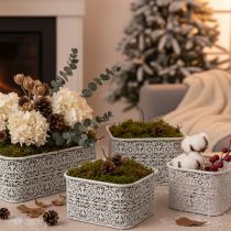 kohteita Metalliset pitsikuvioiset kulhot, koristeellinen rasia, neliönmuotoinen, shabby chic, valkoinen, 27/23/19 cm, korkeus 13,5 cm, 3 kpl setti