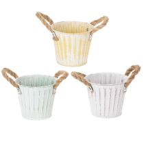 kohteita Istutusämpäri, metallinen ruukku kahvoilla, koristeellinen istutusastia, pinkki/vihreä/keltainen, shabby chic, Ø12cm, korkeus10cm, 3 kpl setti