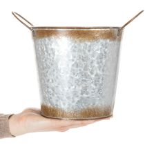 kohteita Metallinen istutusastia, kukkamalja, ruukku hopeisilla kahvoilla, sään kuluttama teräsviimeistely, Ø18cm K20cm