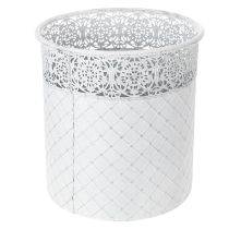 kohteita Pitsikuvioinen ruukku, metalliastia, koristeämpäri, valkoinen, hopea, shabby chic, korkeus 28/25,5/23,5 cm, halkaisija 29,5/25,5/20 cm, 3 kpl setti