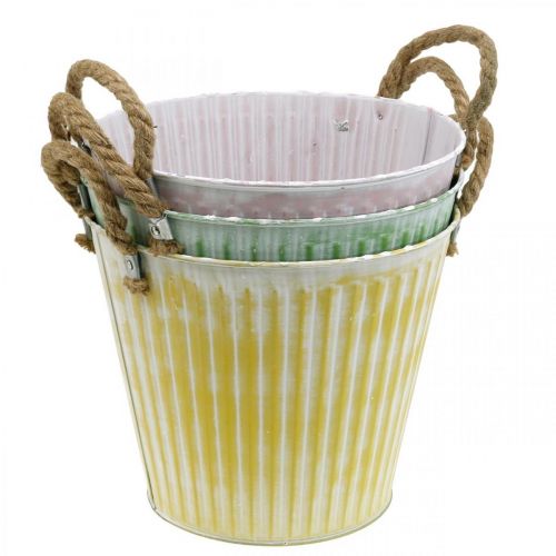 kohteita Kauha istutukseen, istutuskone kahvoilla, metallikoristeet pinkki/vihreä/keltainen shabby chic Ø16,5 cm K15 cm 3 kpl setti