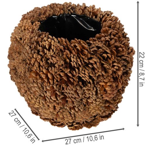 Koristeellinen istutusruukku käpyillä, luonnollinen ulkonäkö, 27 cm. Pyöreä käpyruukku, luonnonruskea, tehty kävyistä, 27 cm x 22 cm. | Floristik24.fi