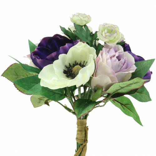 Kukkakimppu anemoneilla ja ruusuilla violetti, kerma 30cm