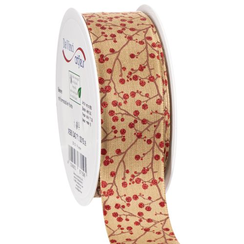Koristeelliset nauhan oksat punaisilla kimallemarjoilla, 40 mm x 15 m