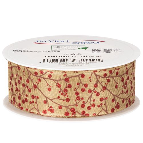 Koristeelliset nauhan oksat punaisilla kimallemarjoilla, 40 mm x 15 m | Floristik24.fi