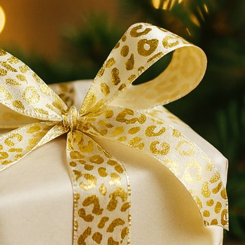 kohteita Leopardikuvioinen silkkinauha, kermanvärinen, kulta, 15 mm, 18 m