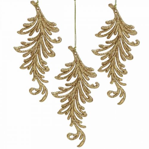 Floristik24 Puu riipus glitterillä, koristeelliset sulat ripustaa, joulukoriste kultainen L16cm 6kpl 6kpl