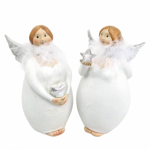 Koristeellinen enkeli, jossa sydän ja tähti valkoinen, hopea Ø7,5 H15cm 2kpl