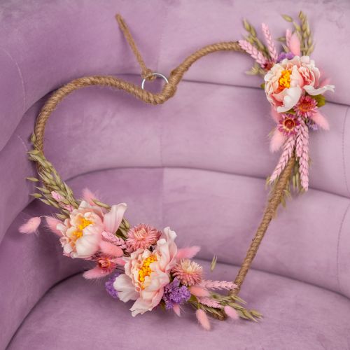 Floristik24 DIY-laatikon sydänkoristelenkki pioneilla ja kuivatuilla kukilla pinkki 33cm