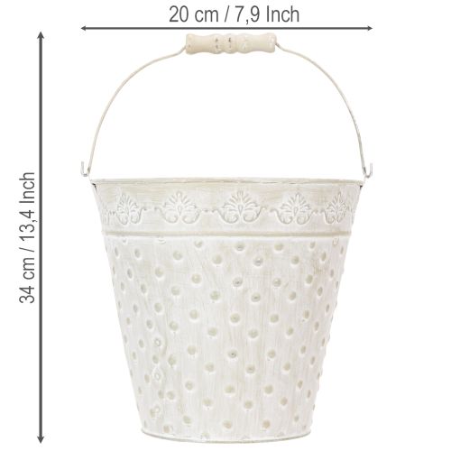 Koristeämpäri, valkoiseksi kalkittu, kahvalla, Ø20,5 cm, metallinen istutuskoriste | Floristik24.fi