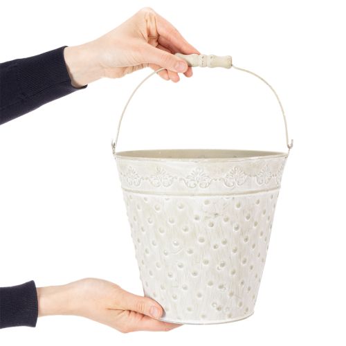 Koristeämpäri, valkoiseksi kalkittu, kahvalla, Ø20,5 cm, metallinen istutuskoriste | Floristik24.fi