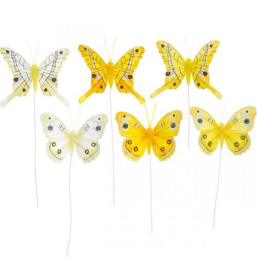 Floristik24 Koristeelliset perhoset keltainen sulka perhonen langalla 7,5cm 6kpl 6kpl