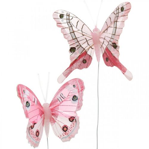 Floristik24 Koristeelliset perhoset Vaaleanpunainen sulka perhonen langalla 7,5cm 6kpl
