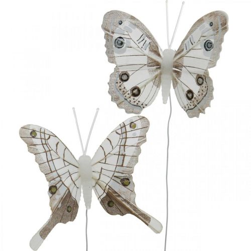 Floristik24 Deco Perhoset Valkoinen, Ruskea Sulka Perhonen langalla 7,5cm 6kpl 6kpl
