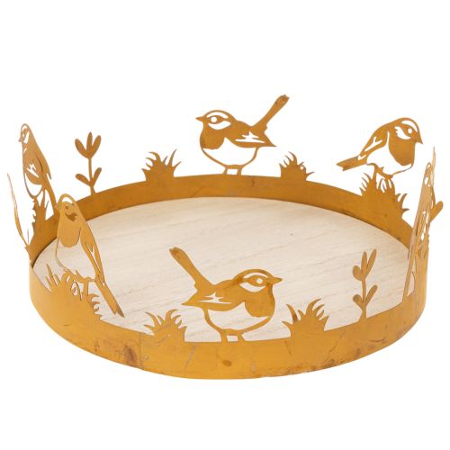 Koristeellinen tarjotin, pöytäkoriste linnuilla, kevätkoriste, ruostunut metalli, Ø20cm K8.5cm