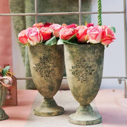 Floristik24 Koristeellinen metallikuppi koristeltu sammalenvihreä, beige Ø16cm K31cm