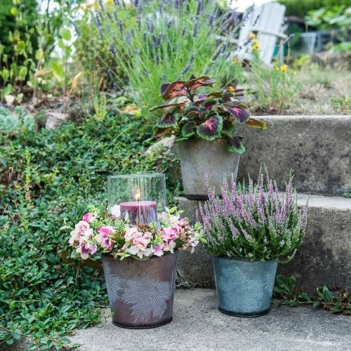 Floristik24 Koristeellinen ruukku lehdillä sinkki metalliharmaa, oranssi, ruskea Ø17cm K14,5cm 3kpl