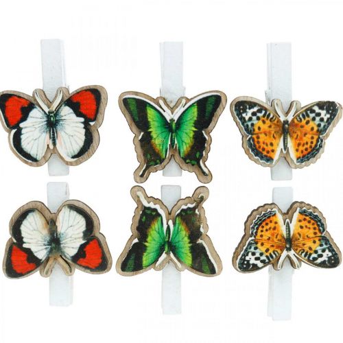Floristik24 Koristeellinen klipsi perhonen, lahjakoriste, kevät, puusta valmistetut perhoset 6kpl.